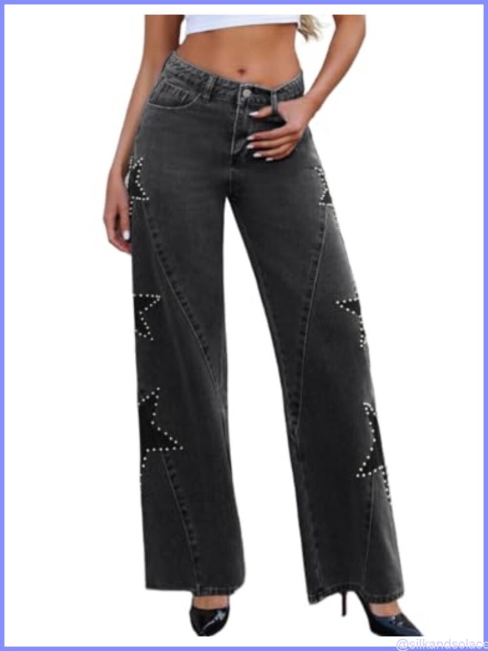 Star Pearl Baggy Wide Leg Low Rise Denim Jeans Slight Flare Retro Y2K